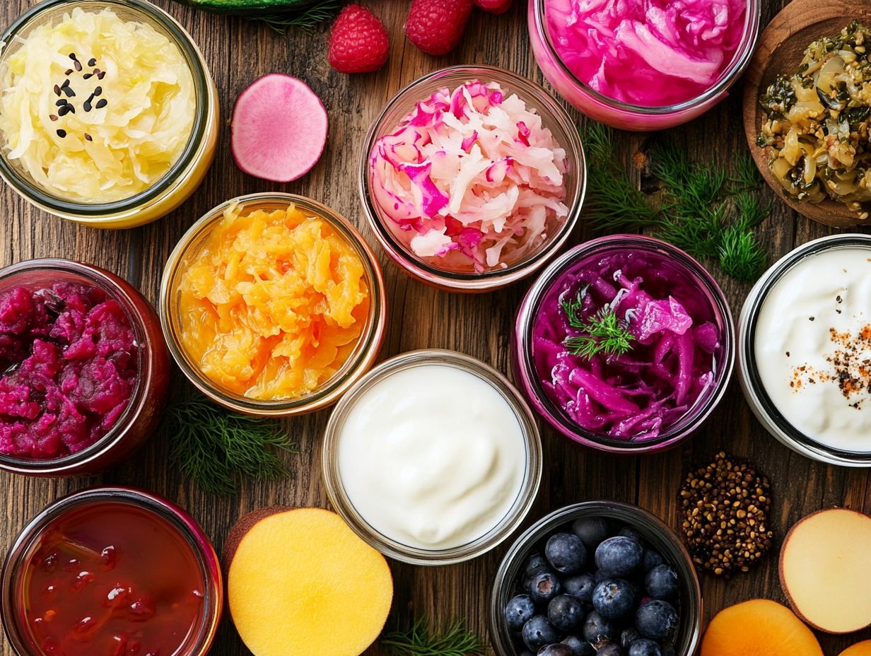 Colorful assortment of various fermented foods including yogurt, kimchi, and sauerkraut