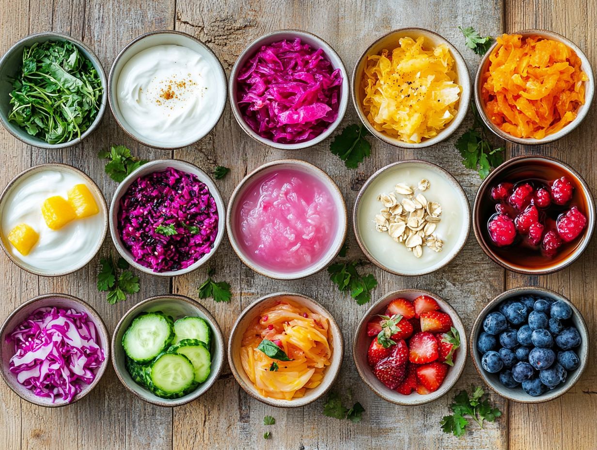 A selection of fermented foods including sauerkraut, kimchi, and kombucha