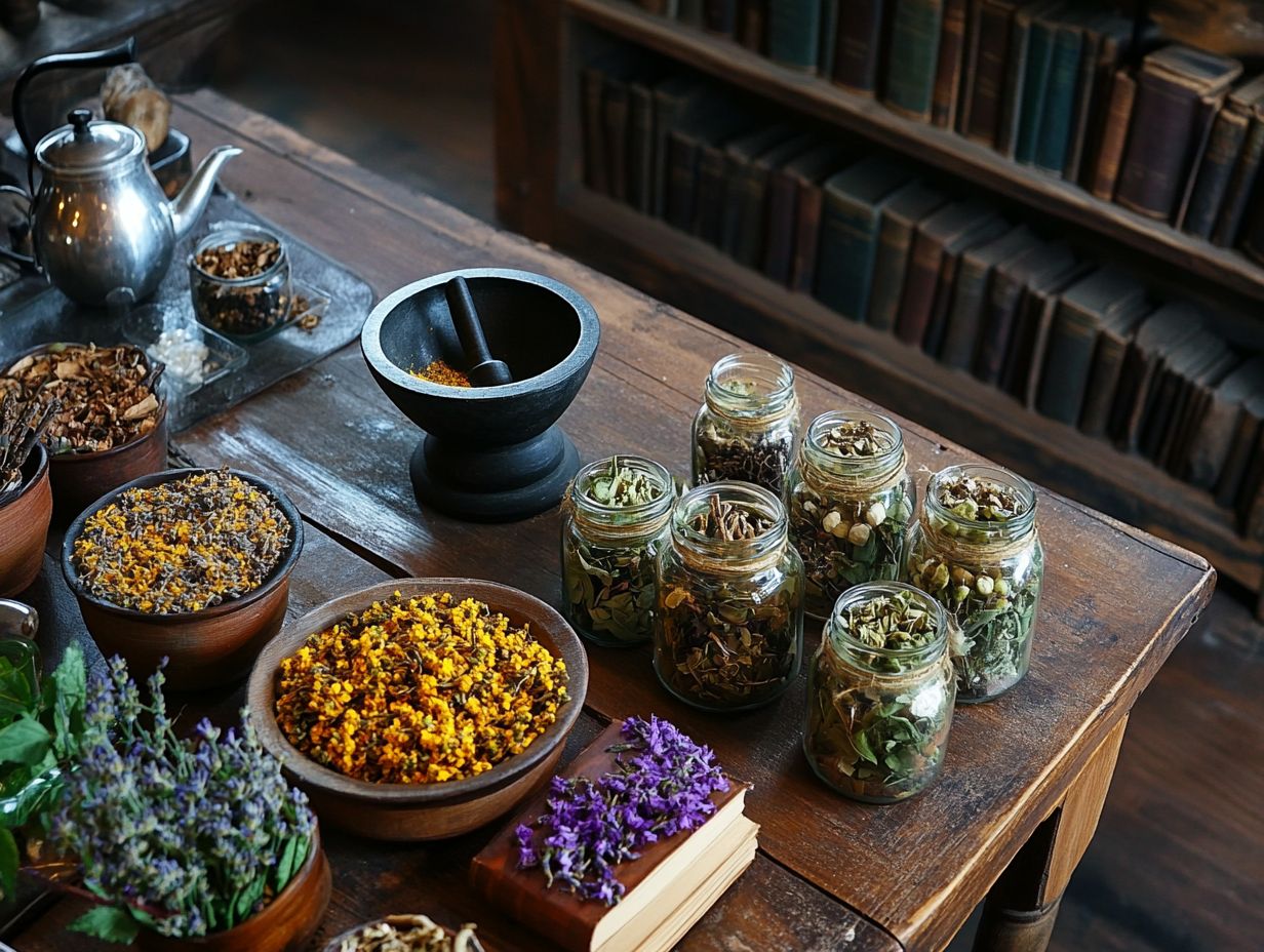 Illustration comparing herbal remedies and modern medicine.