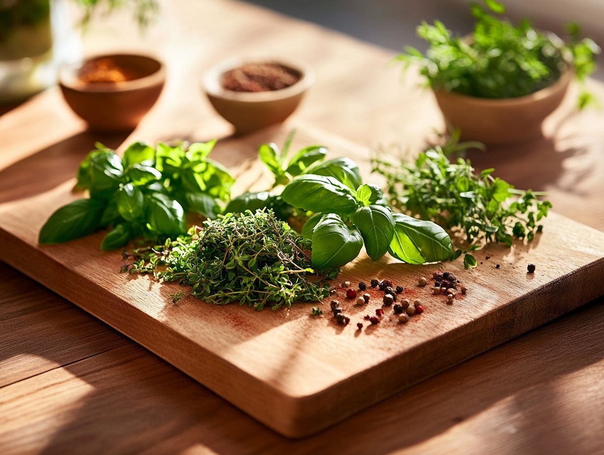 Illustration of key herbs: basil, rosemary, thyme, cilantro, and oregano for cooking and health benefits.